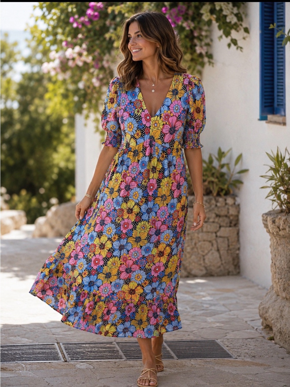 Papaya size 12Floral V-Neck Midi Dress in Pink, Blue & Yellow